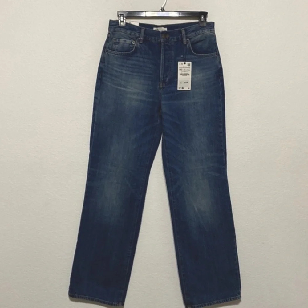 Zara NEW Signature Denim The Loose Fit Wide Leg Pants In Distressed Blue Size 8
